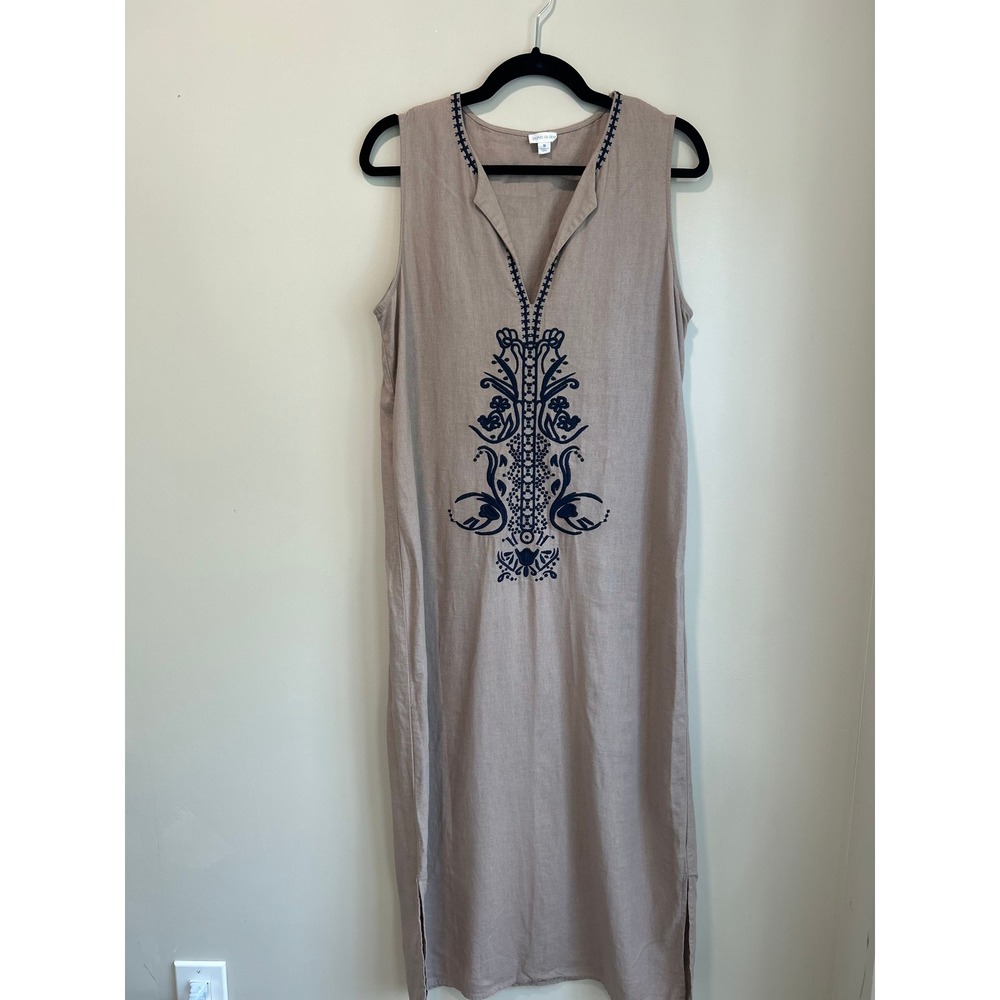 Sigrid Olsen Tan Linen Blend Embroidered Sleeveless Maxi Dress Boho Tan Navy M - Picture 2 of 8
